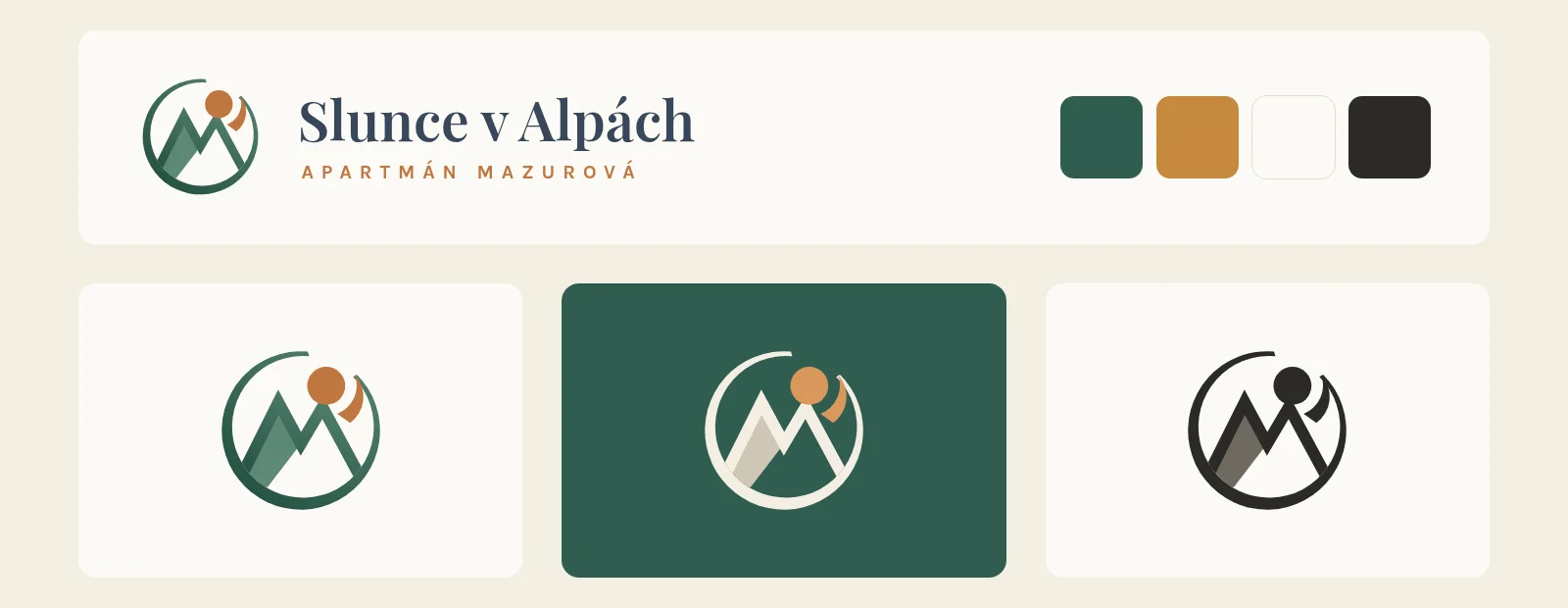 Logo Slunce v Alpách, barevná, negativní a jednobarevná varianta symbolu
